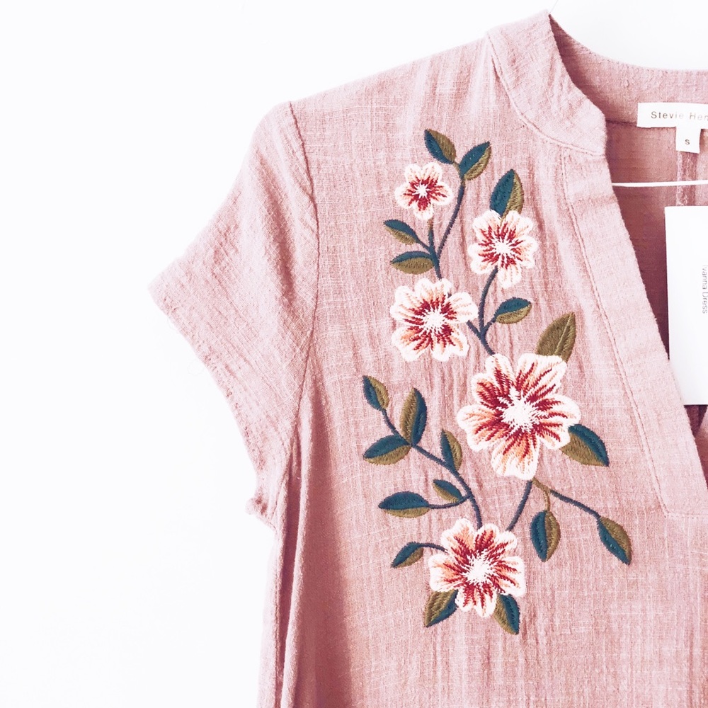 Mauve Linen Dress with Floral Embroidery